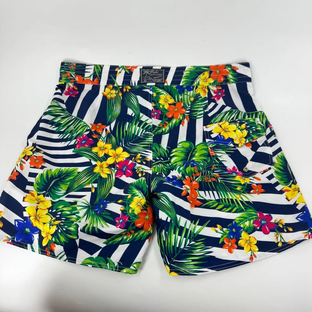 Polo Ralph Lauren Mens Tropical Floral Striped Swim Trunks Navy White Size‎ 38